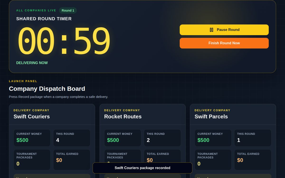 Live round: shared timer and company dispatch board (teacher view)
