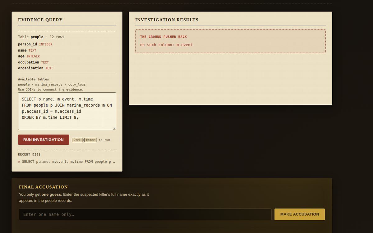 Evidence query console with investigation results and the one-shot accusation