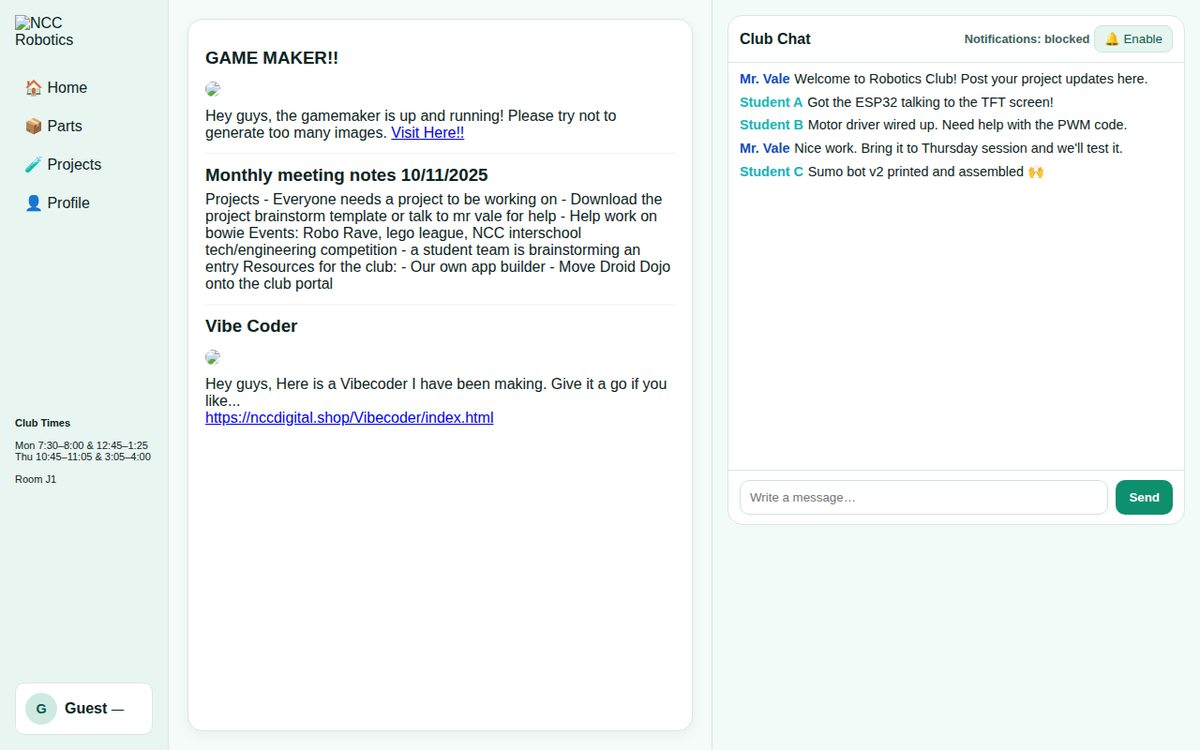 NCC Robotics Club platform: news, meeting notes and club chat (demo data)